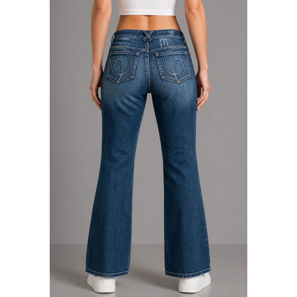 Cache Distressed Whipstitch Bootcut Jeans Blue 10